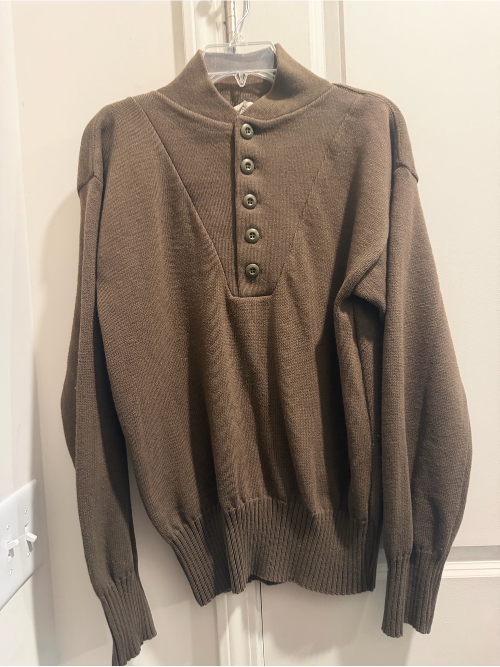 Large Sweater Man’s OD Military Men's Brown Button-Placket Knit Sweater